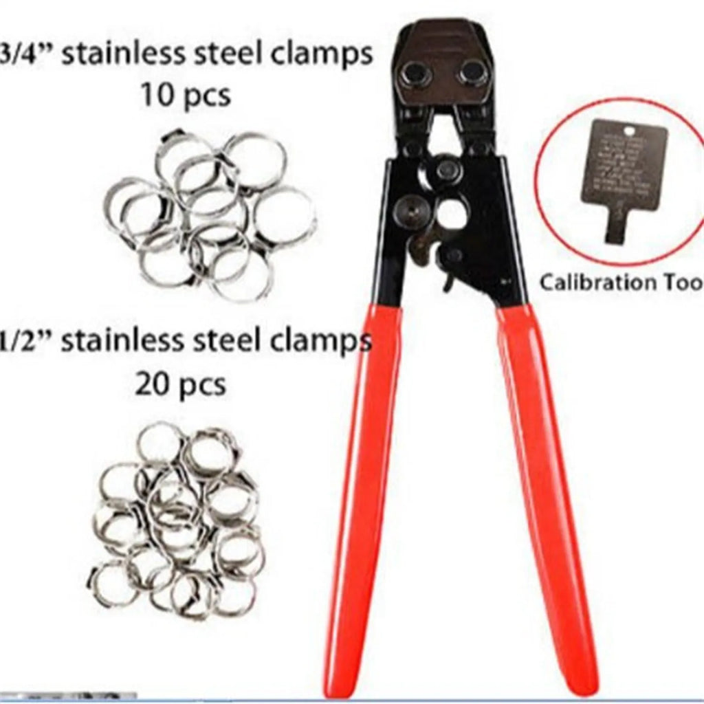 Red cloth finished single ear metal pipe clamp with a carbon steel cutting tool on a white background.