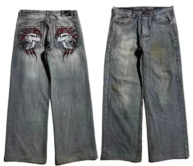 Grey washed-out wide-leg denim jeans for men with a retro workwear design and straight leg opening.