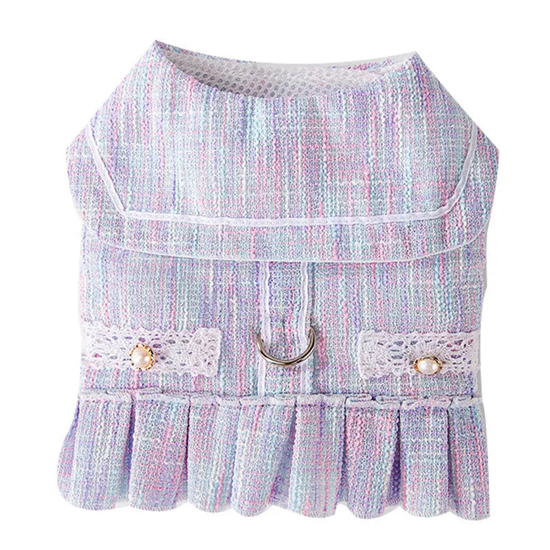 Pink and purple pet clothing garment for a cat or small dog on a white background.