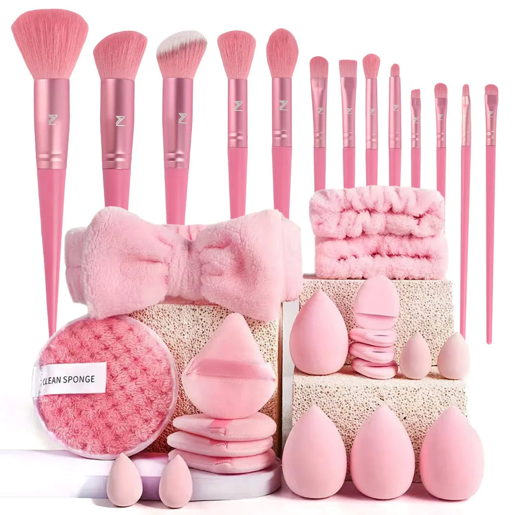 Beauty tools set with hydrophilic non-latex construction in brown, pink, and purple colours