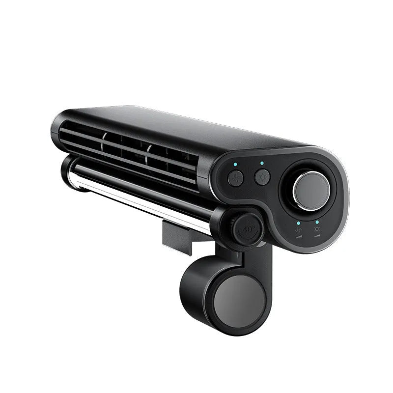 Black USB-powered bladeless clip-on fan with LED light attached to laptop screen