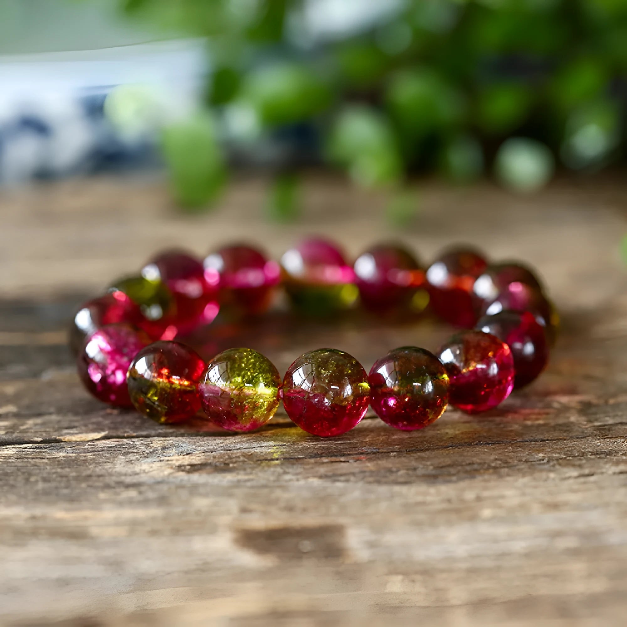 Handmade watermelon crystal bracelet for women showing four bead size options