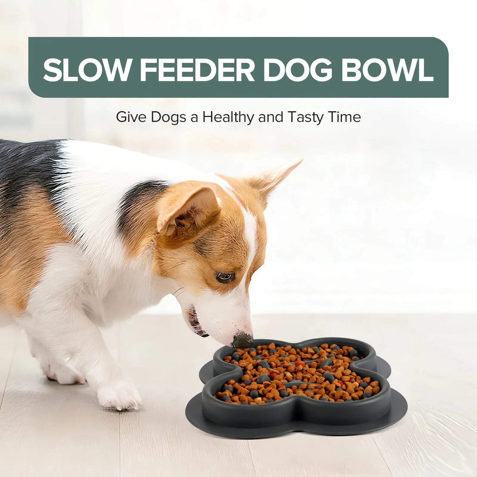Silicone pet licking pad slow feeder mat in blue on a kitchen floor
