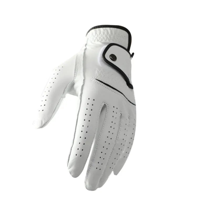 White half sheepskin golf glove for men showing non-slip palm.