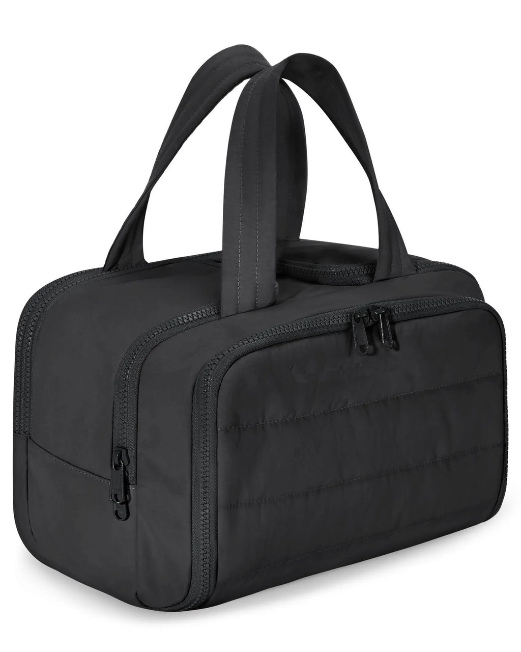 Large travel toiletry bag with wide opening showing interior organisation compartments