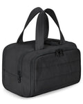 Large travel toiletry bag with wide opening showing interior organisation compartments