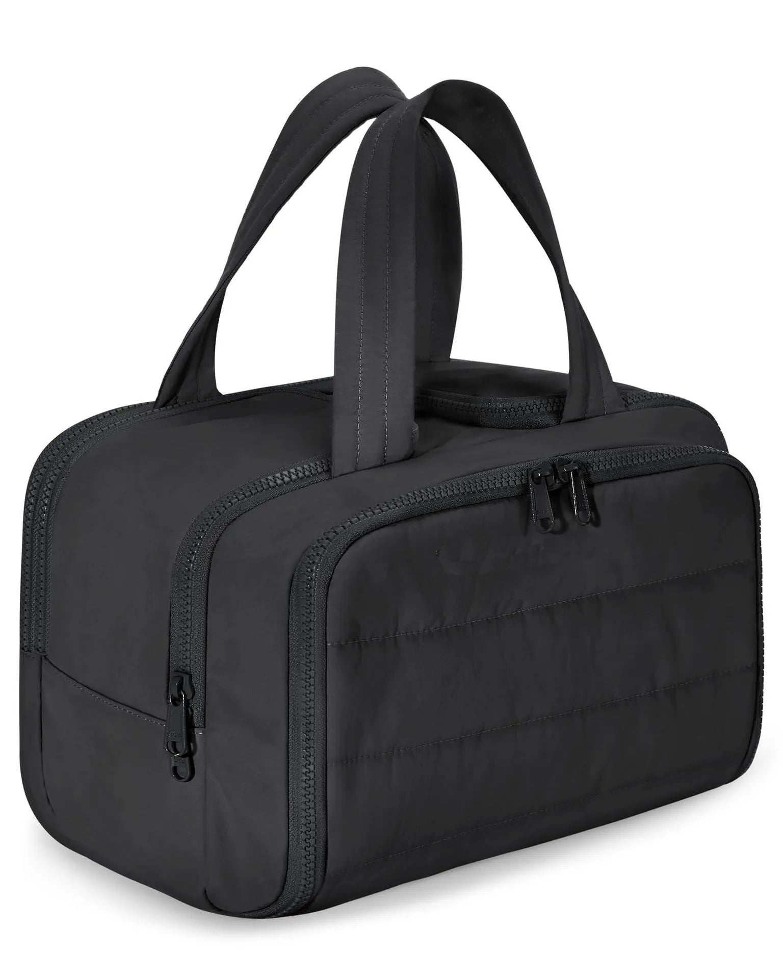 Large travel toiletry bag with wide opening showing interior organisation compartments