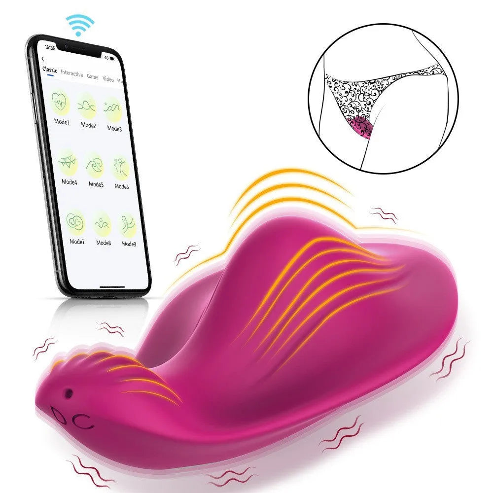 Rose red wearable female massager with butterfly design and smartphone app control