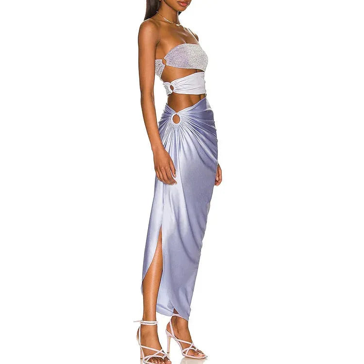 Purple one-piece swimsuit with hollow design and matching wrap skirt set for women seaside vacation wear