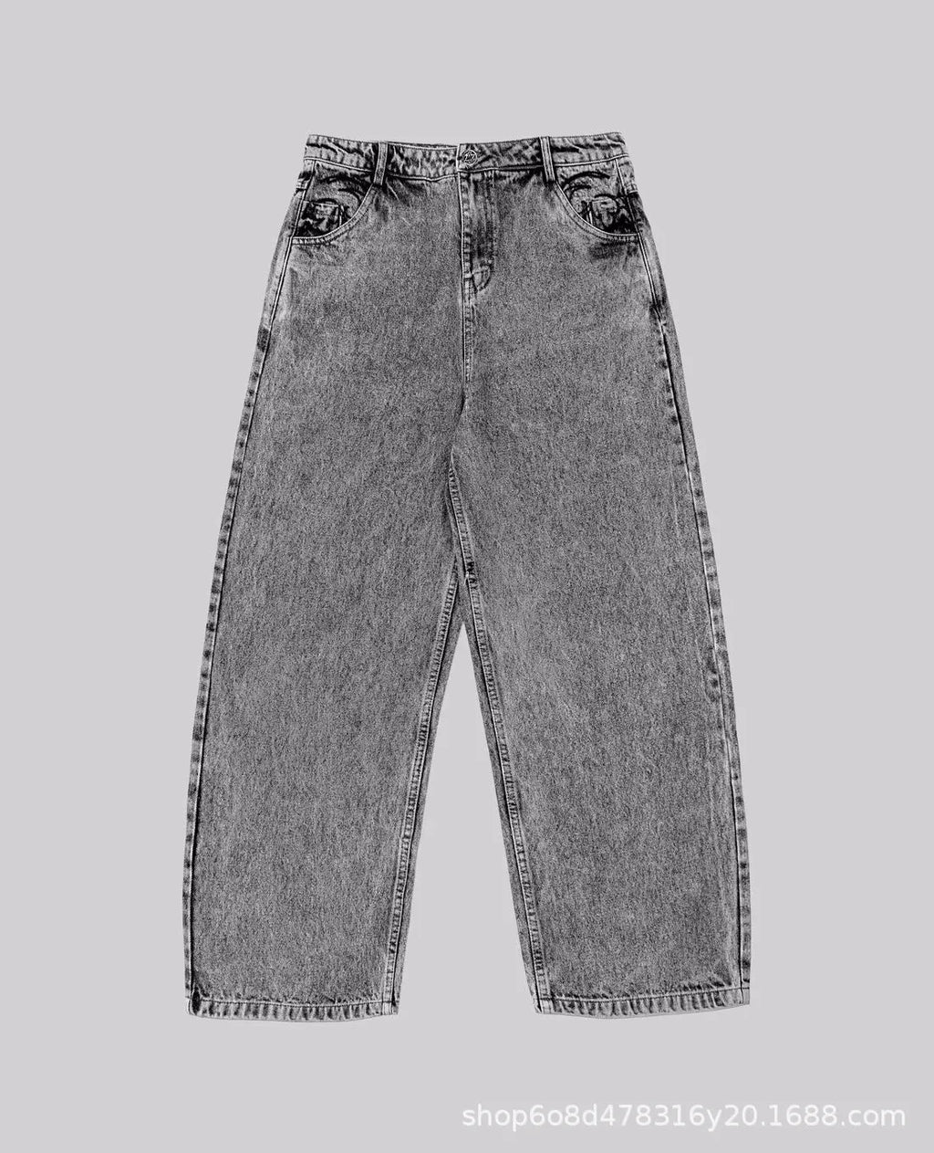 Grey loose straight-leg cotton denim trousers for men and women on a hanger