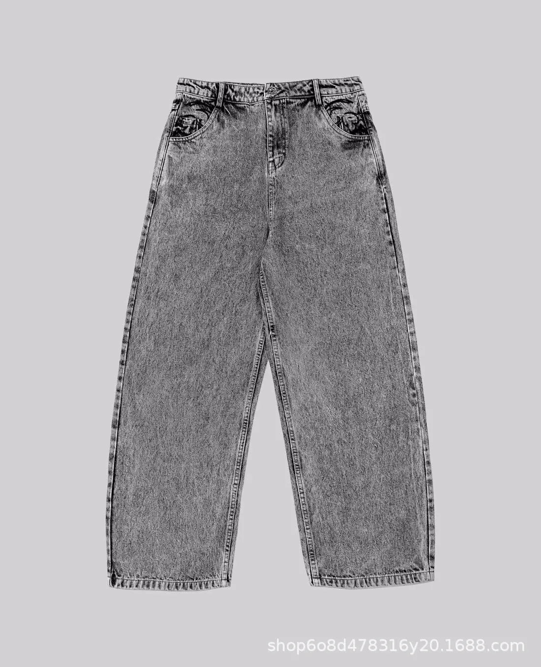 Grey loose straight-leg cotton denim trousers for men and women on a hanger