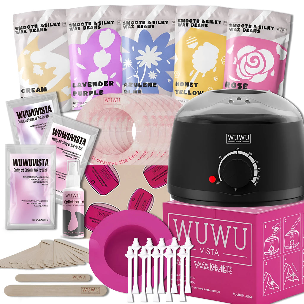 Professional waxing kit with 52 pieces including wax warmer, hard wax beans, applicators and post-treatment products