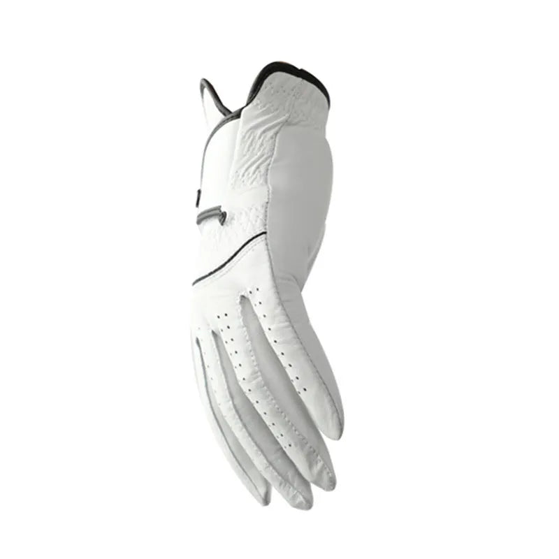 White half sheepskin golf glove for men showing non-slip palm.