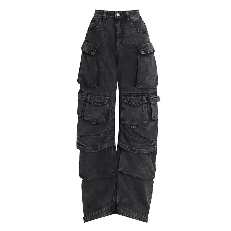 Women's tie-dyed high waist jeans with multiple pockets and wide leg silhouette