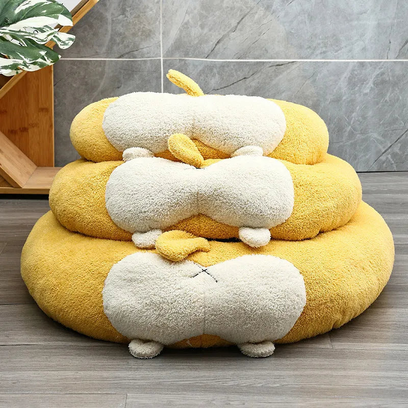 Corgi-shaped plush pet bed for dogs and cats in three sizes with soft filling