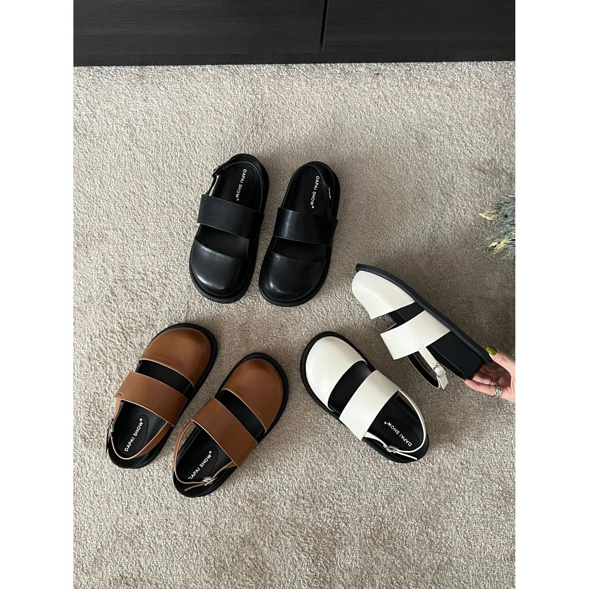 Women's retro apricot closed-toe sandals with an ankle strap buckle on a microfiber upper.