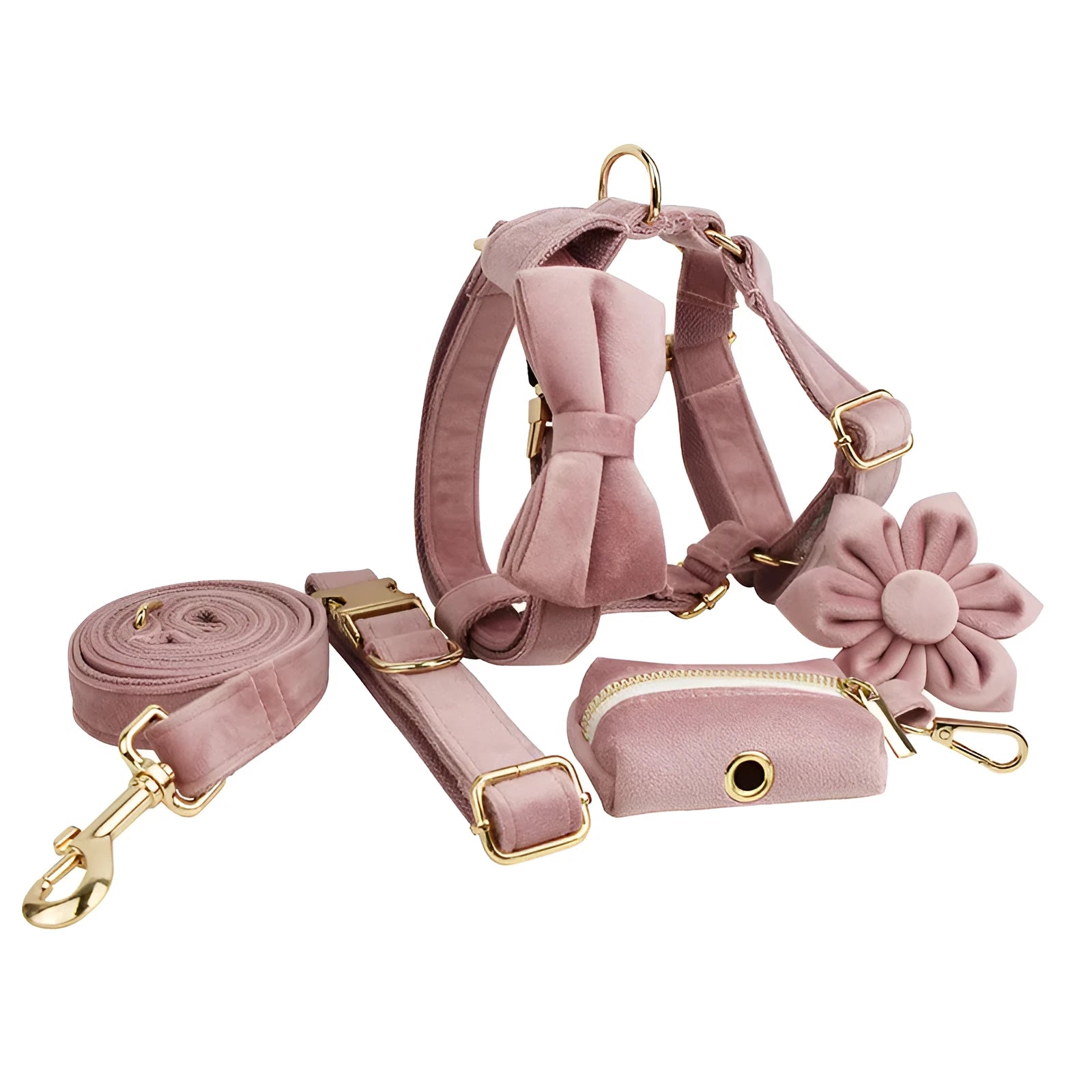 Light purple pink velvet dog collar set with leash, bowknot, and vest for small to medium dogs