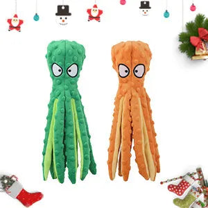 Blue unfilled octopus plush dog toy with crinkle and squeaker sounds on a white background.