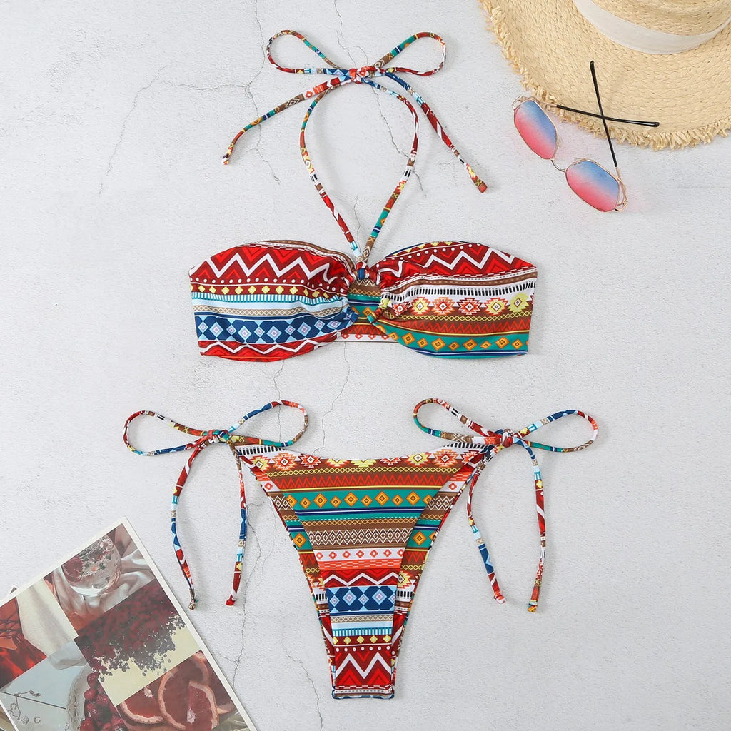 Women's green stripe and red grid halter bikini swimsuit set with briefs