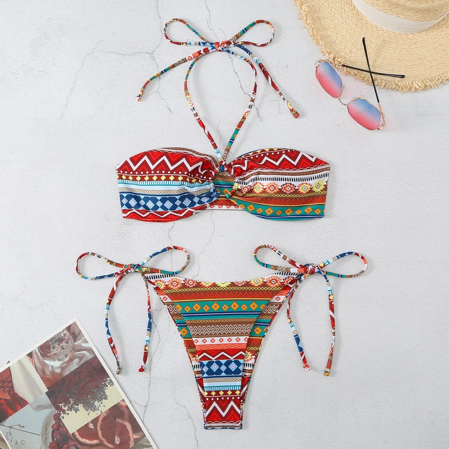 Women's green stripe and red grid halter bikini swimsuit set with briefs