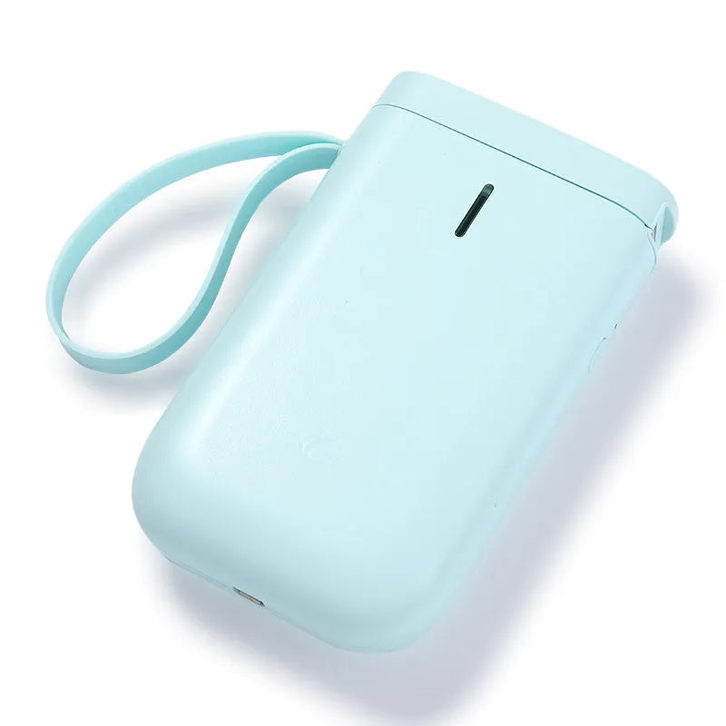 Compact D11 Bluetooth thermal label printer in black, with smartphone showing label design app.