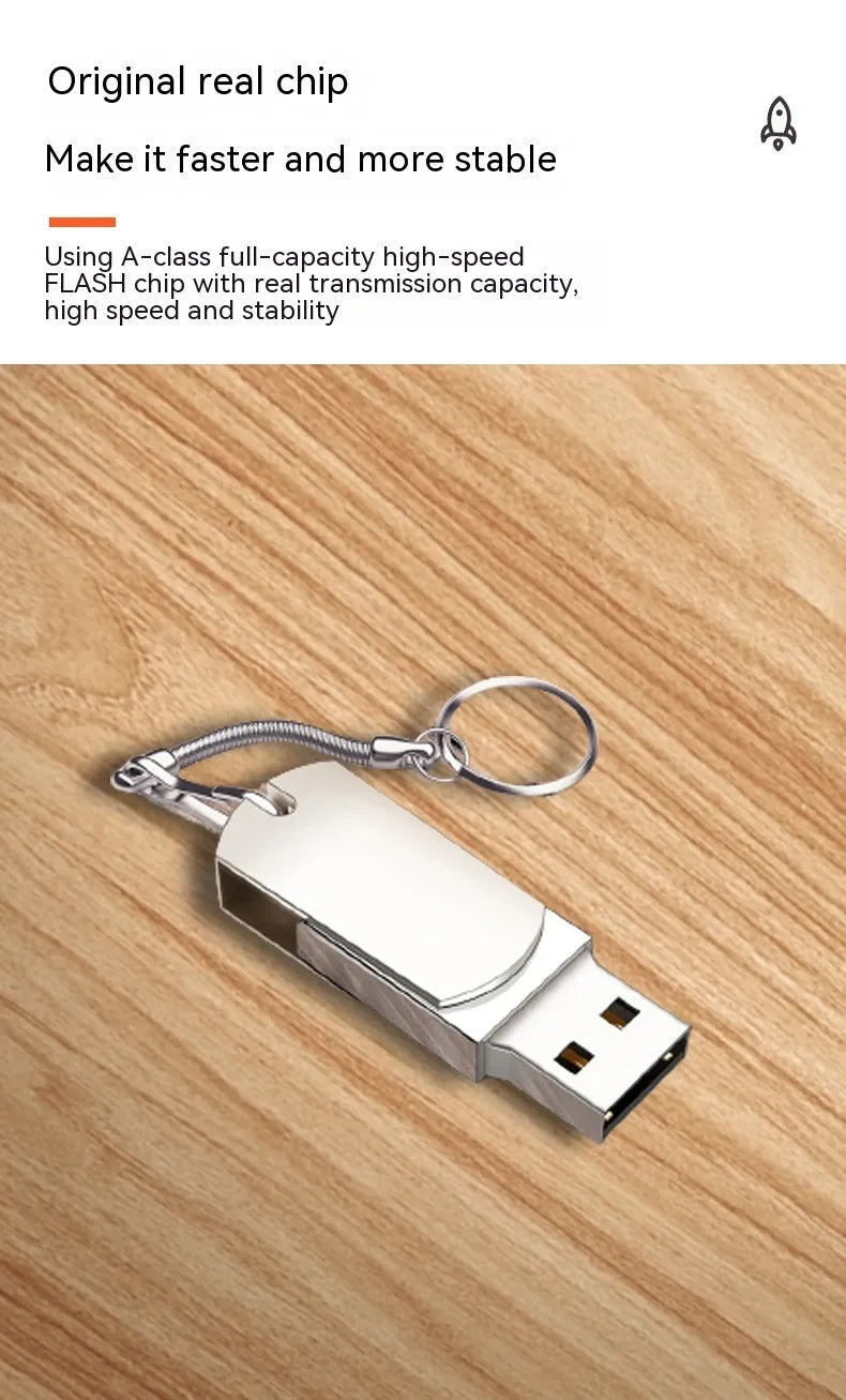 White metal rotary USB flash drive showing compact dimensions and rotating cover mechanism