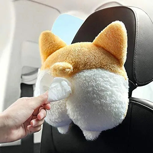 Yellow corgi butt shaped soft polyester car tissue box cover hanging on a sun visor.
