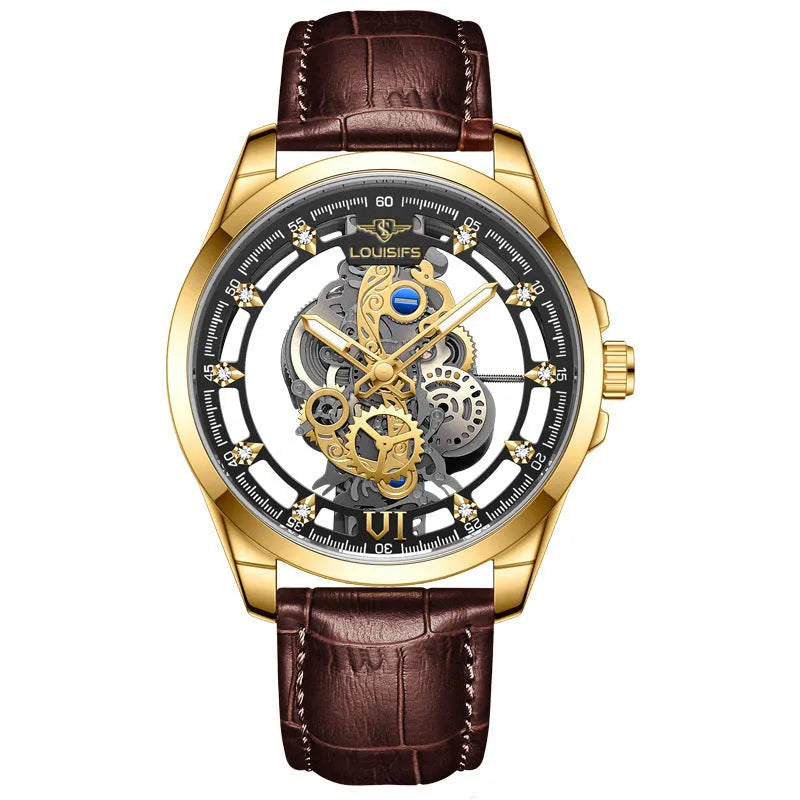 Men's Swiss quartz watch with double-sided hollow design, gold case and brown leather strap