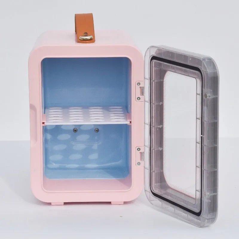 Pink mini refrigerator with transparent door showing 6L capacity and dual cooling/heating functions