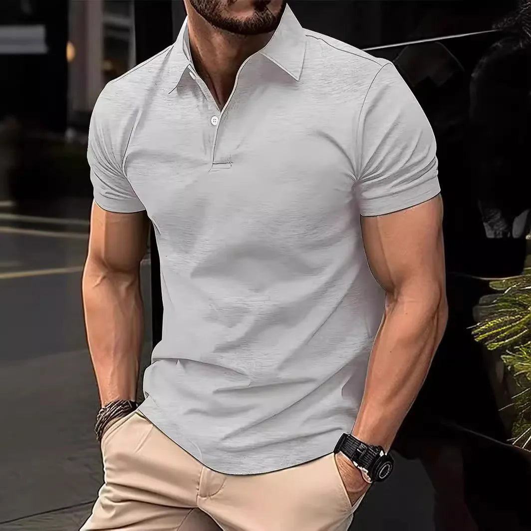 Men's slim fit short sleeve button shirt in a solid colour, showing front button closure.