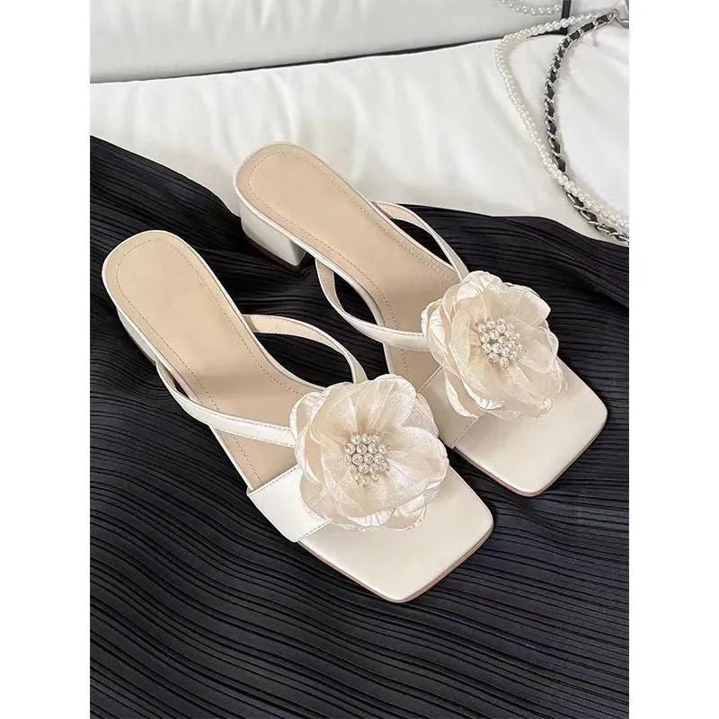 Women's chunky heel square toe sandals with fashion flower detail in satin material