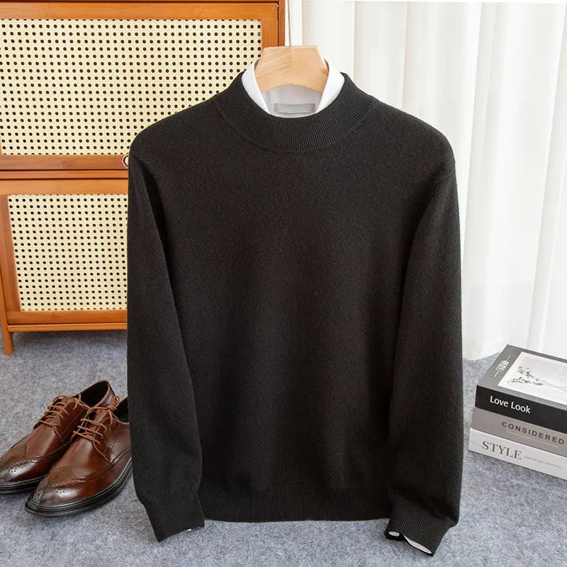 Men's half-collar wool sweater in coarse yarn knit, loose fit, shown in multiple colours