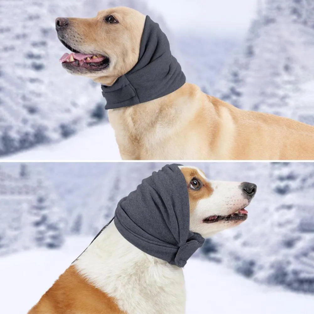 Black dog calming hoodie with ear covers on a pet, showing its multi-purpose use as a head warp and scarf.