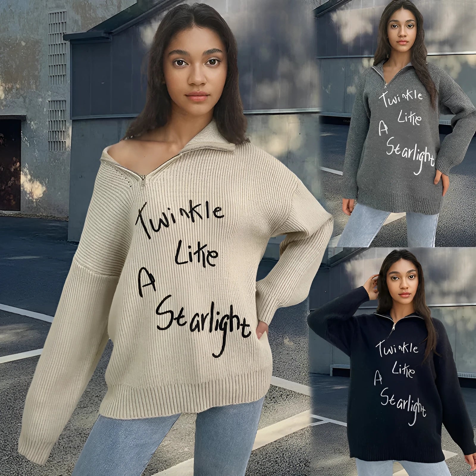 Women's retro alpaca wool pullover sweater with oblique zipper and loose lapel design in light khaki colour
