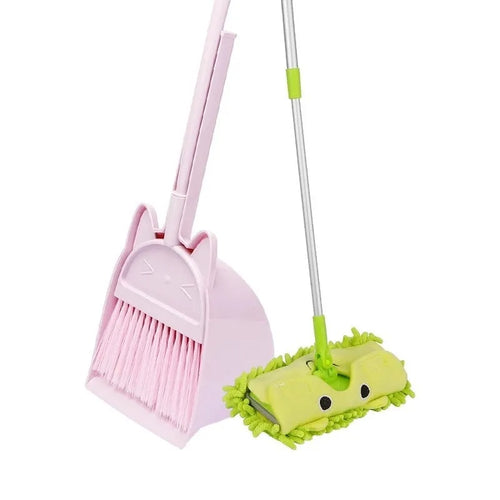 Purple rotating head broom and dustpan set with storage holder on a white background.