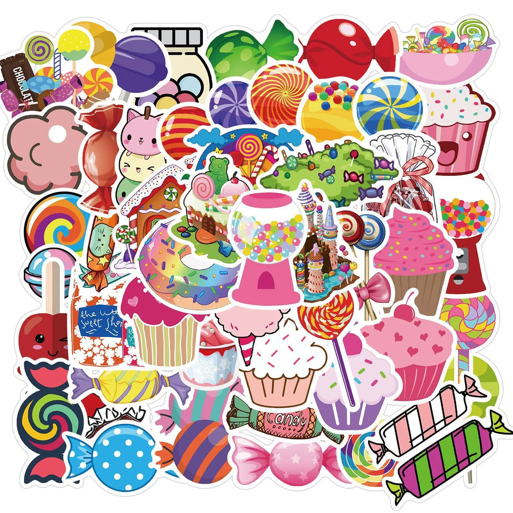 Pack of 50 colourful pink Candy series graffiti stickers with cartoon patterns for crafts.