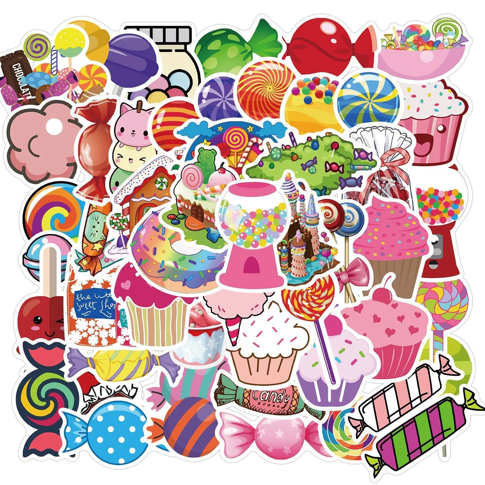 Pack of 50 colourful pink Candy series graffiti stickers with cartoon patterns for crafts.