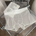 Men's thin grey nylon boxer shorts with a mid waist and seamless design laid flat.