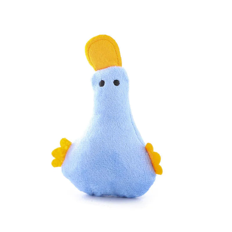 Colourful duck-shaped plush pet toy with squeaker and catnip for cats and dogs.