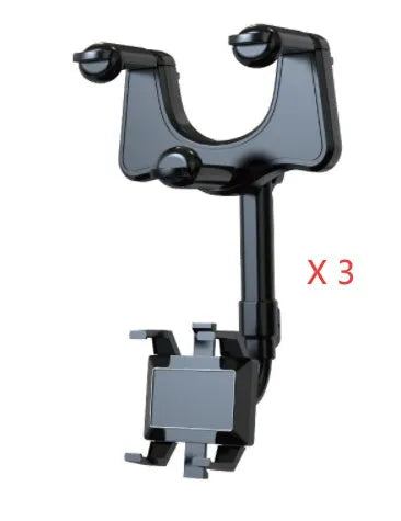 Black rearview mirror phone holder with 360-degree rotation mounted on car mirror holding mobile phone