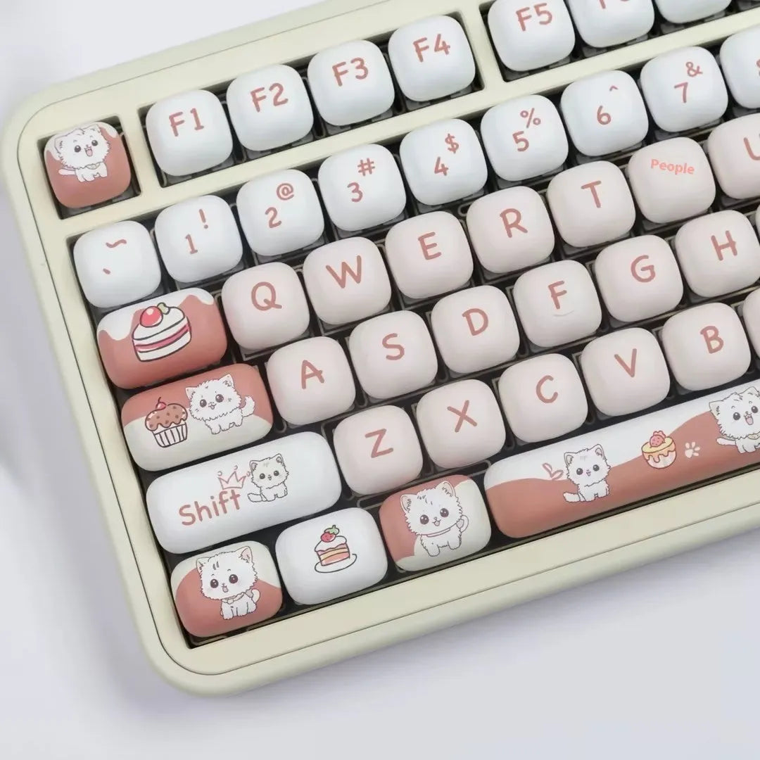 Round MOG profile mechanical keyboard keycaps featuring cute dessert cat sublimation design in boxed or bagged packaging