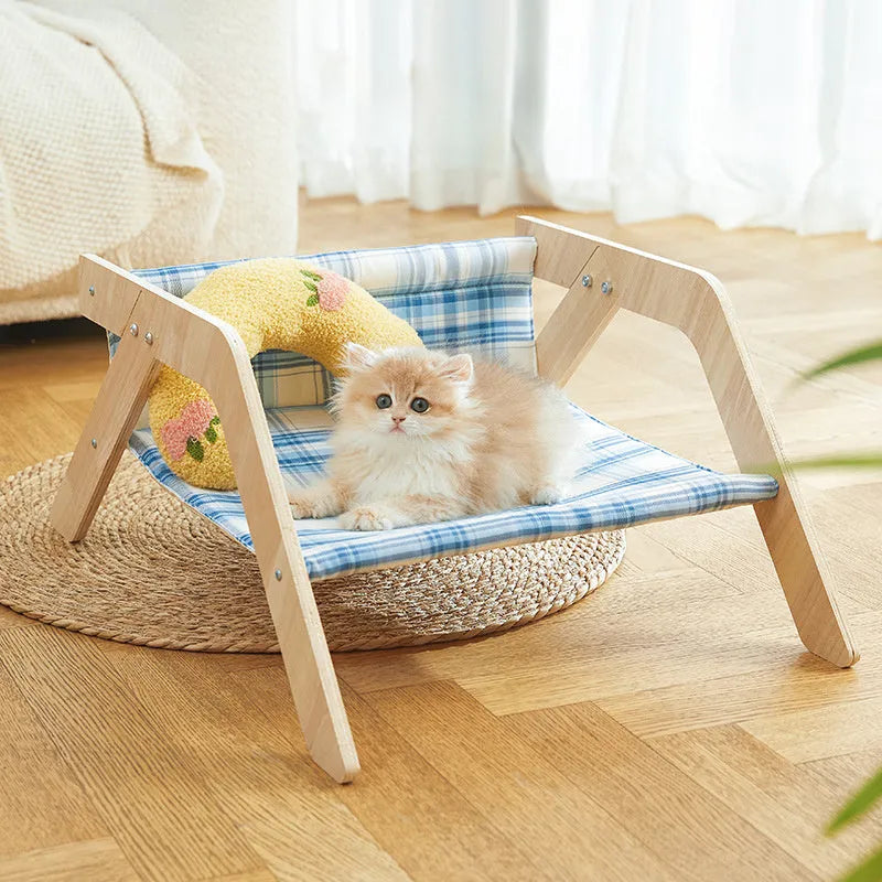 Wooden frame elevated cat bed hammock with soft cloth pad in blue colour