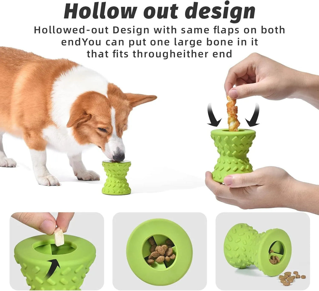 Blue natural rubber bone-shaped dog toy with treat holes for interactive chewing.