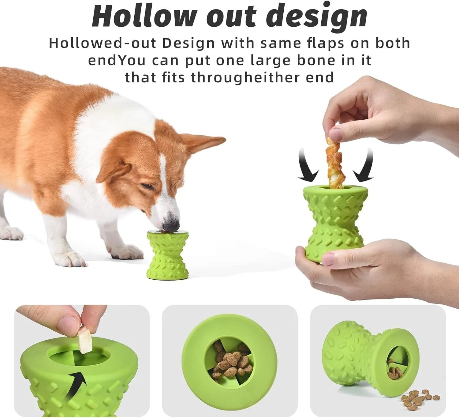 Blue natural rubber bone-shaped dog toy with treat holes for interactive chewing.