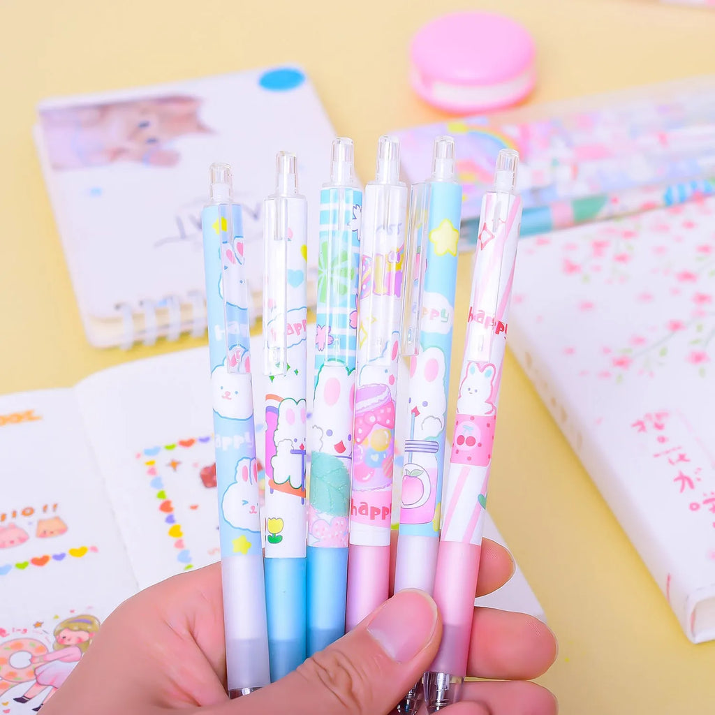 Six black pens with cartoon bunny designs and 0.5mm tips for student writing