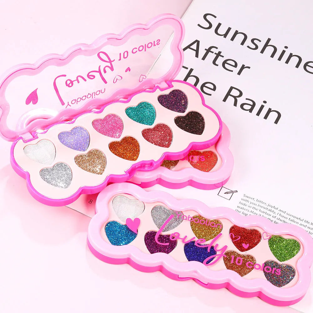Pearlescent Heart ten-colour sequins eye shadow palette showing shimmering shades including pink, blue, and coral.
