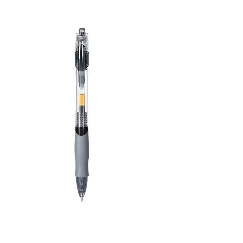 A plastic gel pen with a 0.5mm fine tip, shown in neutral colour with black, blue, and red ink refill options.