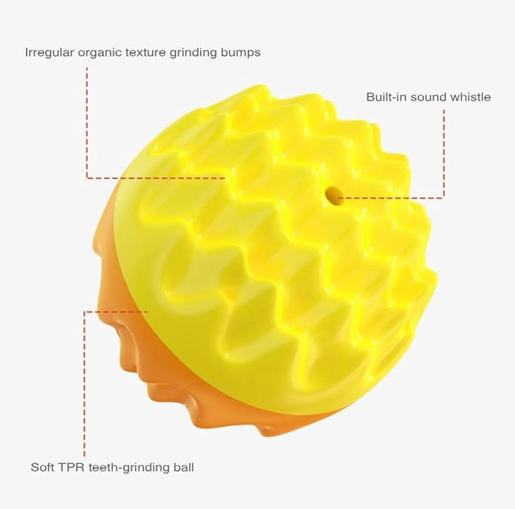 Blue and orange spiky rubber dog ball with squeaker for dental cleaning and water play