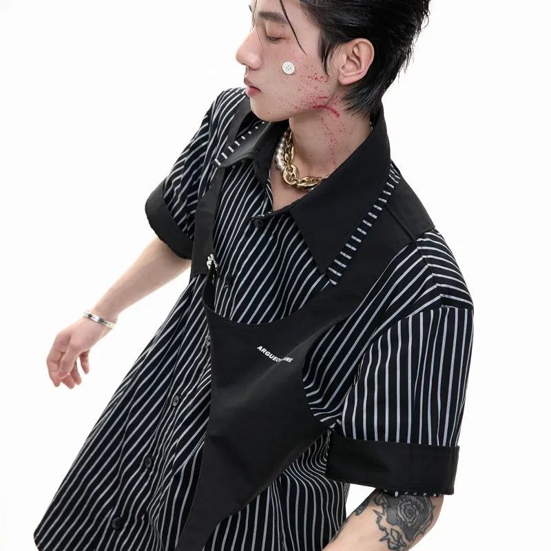 Men's black and white striped cotton shirt with a double collar creating a vest-like appearance.