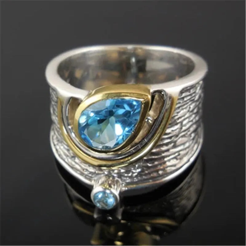 Blue Chinese style alloy ring with inlaid zircon stones in a drop shape, shown in size No.8.